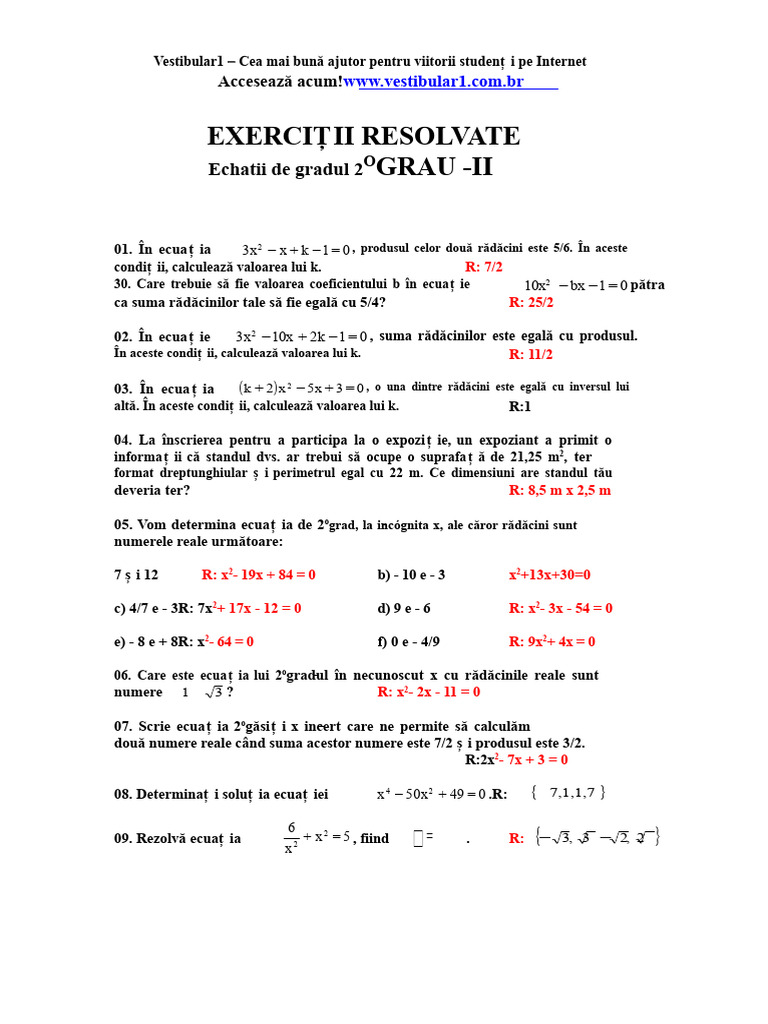 Exerciții Rezolvate Ecuația de Gradul II | PDF