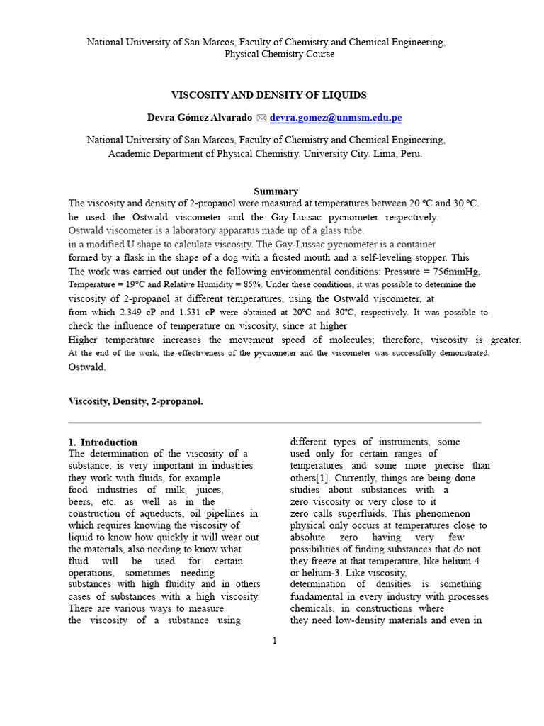 Report No. 1 - Viscosity and Density of Liquids | PDF | Viscosity | Liquids