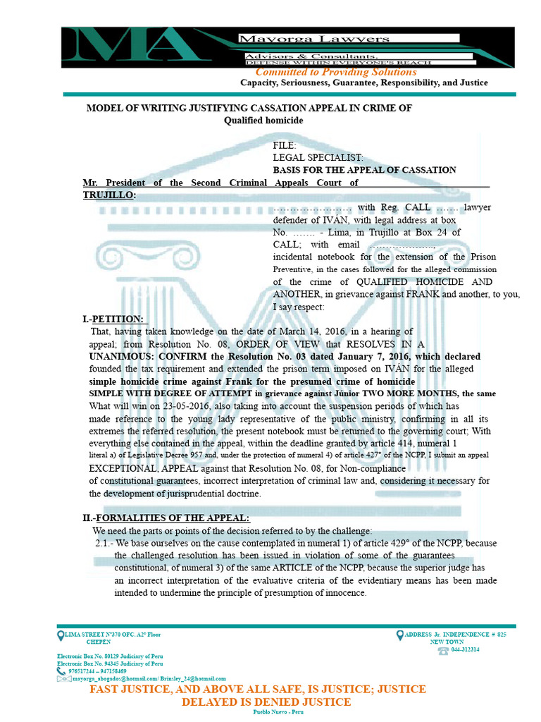 Model of Written Justification For Appeal in A Qualified Homicide Crime ...