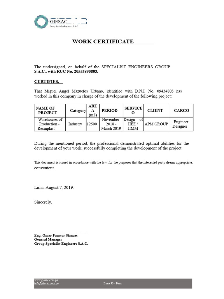 Work Certificate for Miguel Mazuelos | PDF