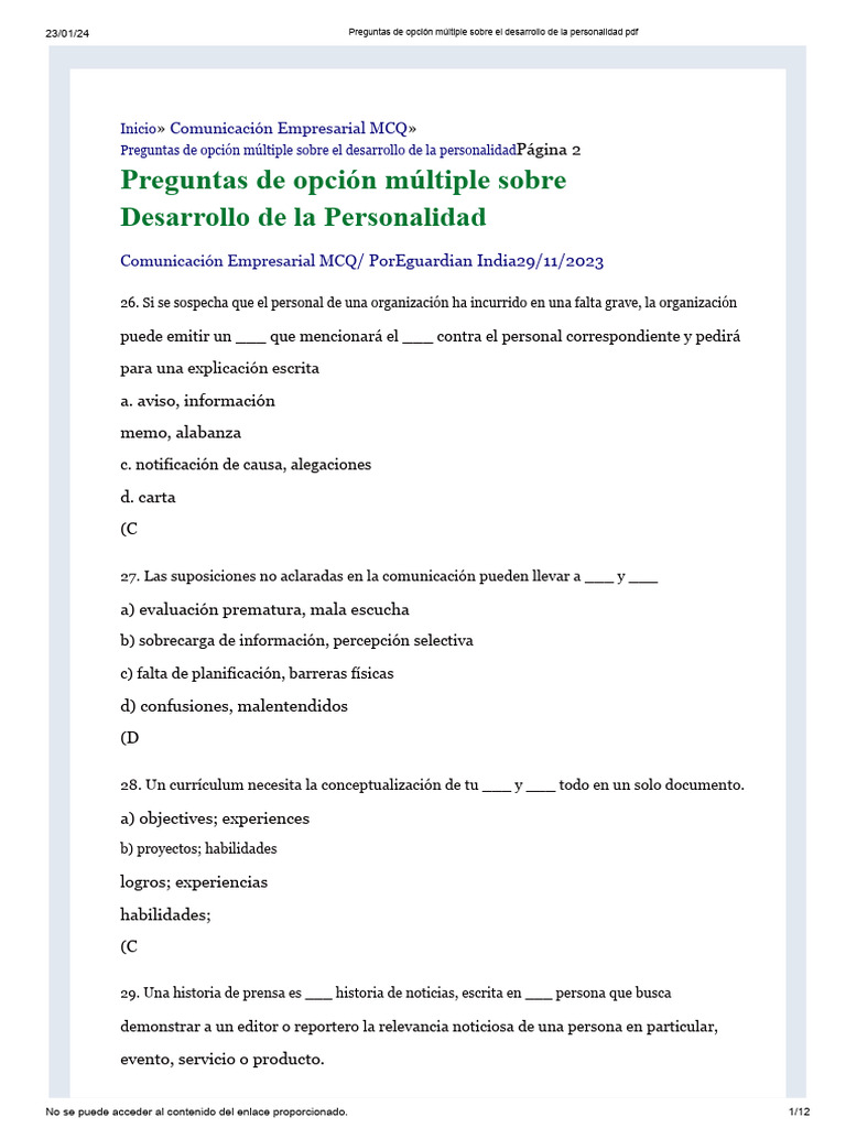 Preguntas de Opción Múltiple Sobre El Desarrollo de La Personalidad pdf ...