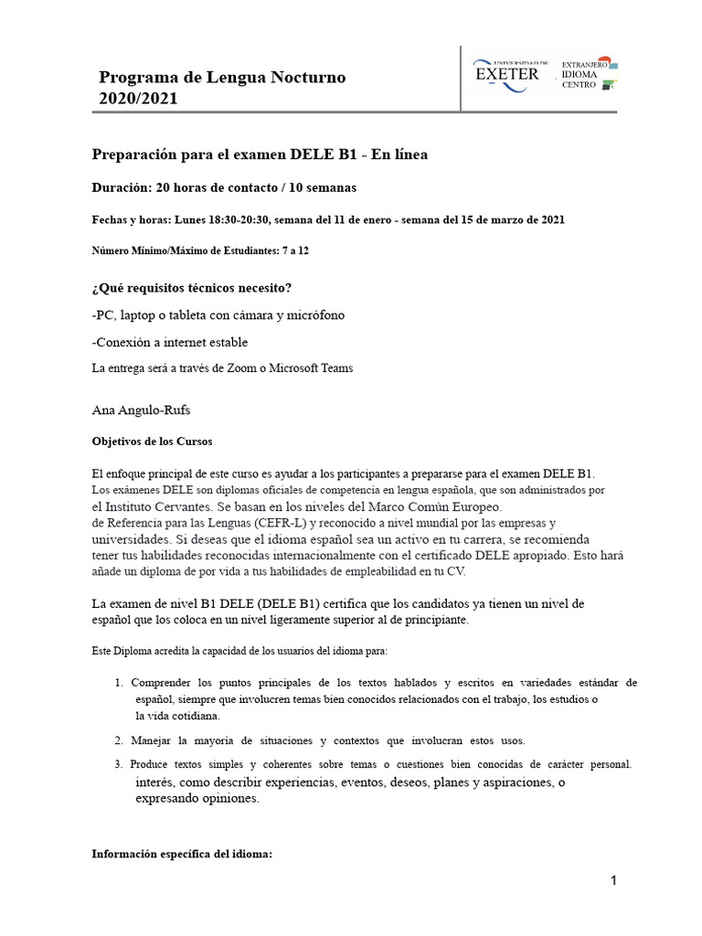 Curso de Preparación para El Examen DELE B1 de Español 2020-21, Término ...