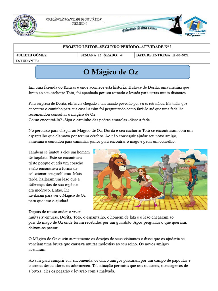 Resumo do Mágico de Oz para Estudantes | PDF | O Maravilhoso Mágico de Oz