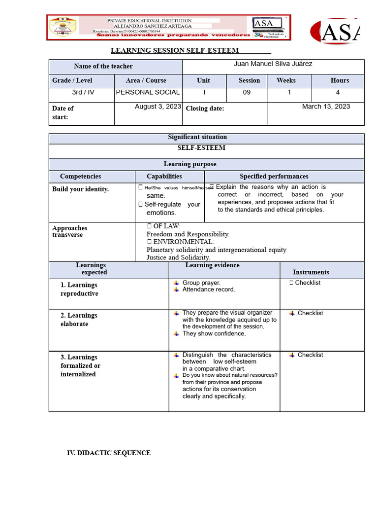 Self-Esteem Learning Session Plan | PDF | Self Esteem | Autonomy