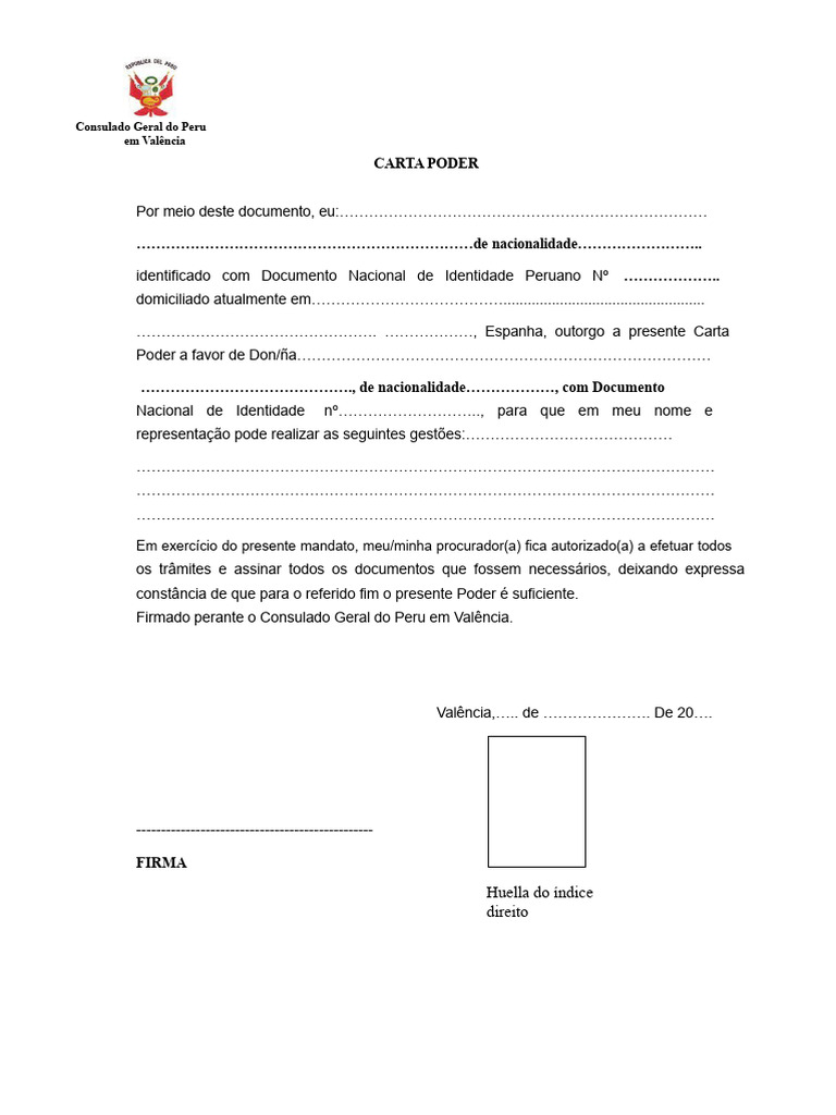 Carta Poder Consulado Peru Valência | PDF