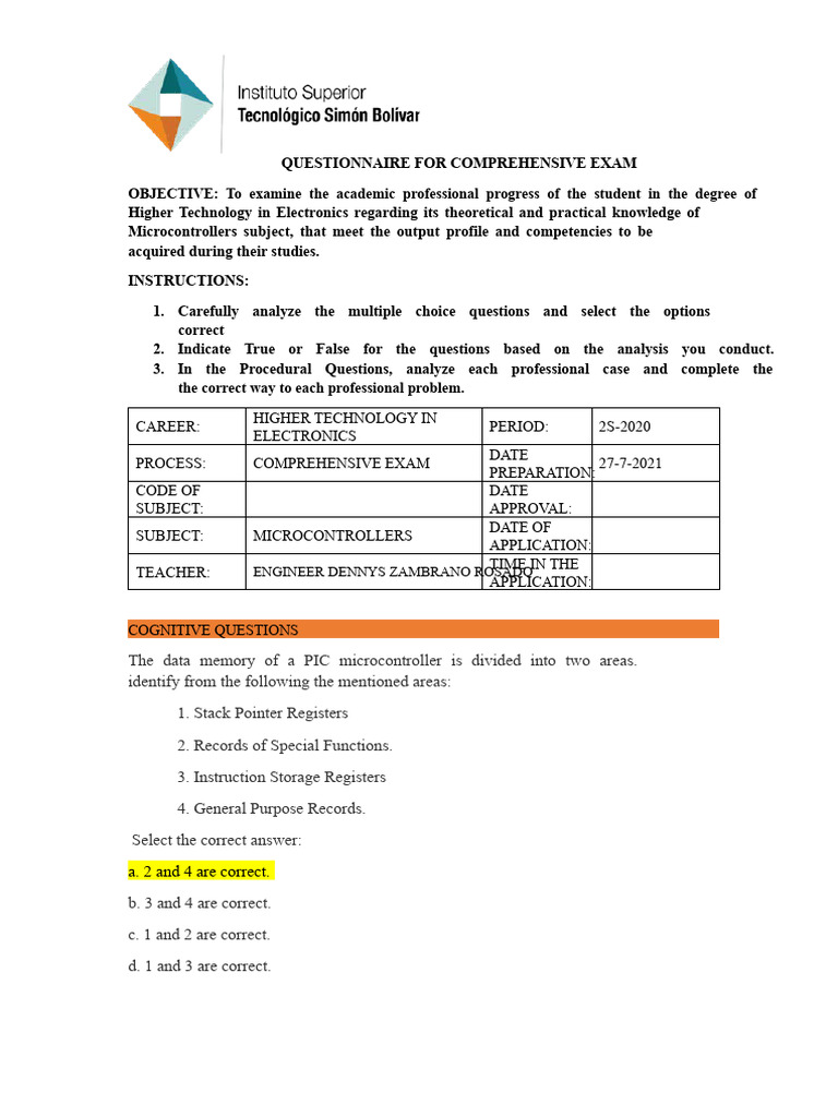 Comprehensive Exam Questionnaire: Microcontrollers | PDF ...