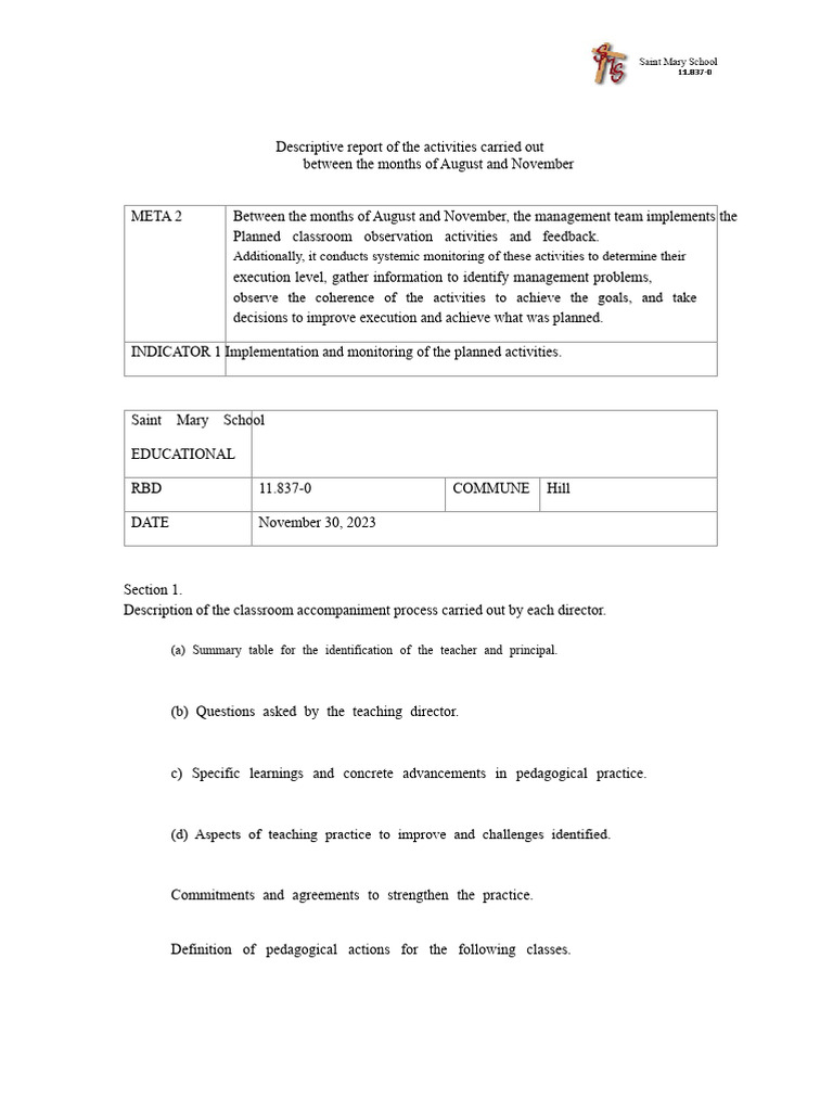 Descriptive Report of The Activities Carried Out Between The Months of ...