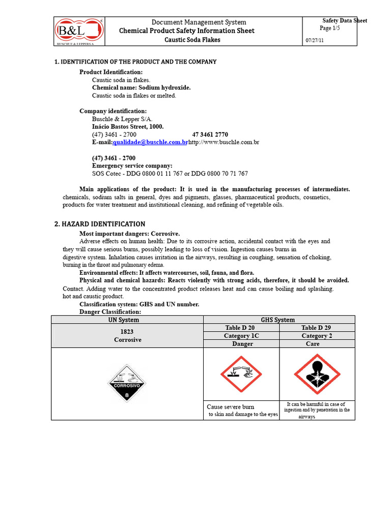 Caustic Soda Flakes Safety Data Sheet | PDF | Sodium Hydroxide ...