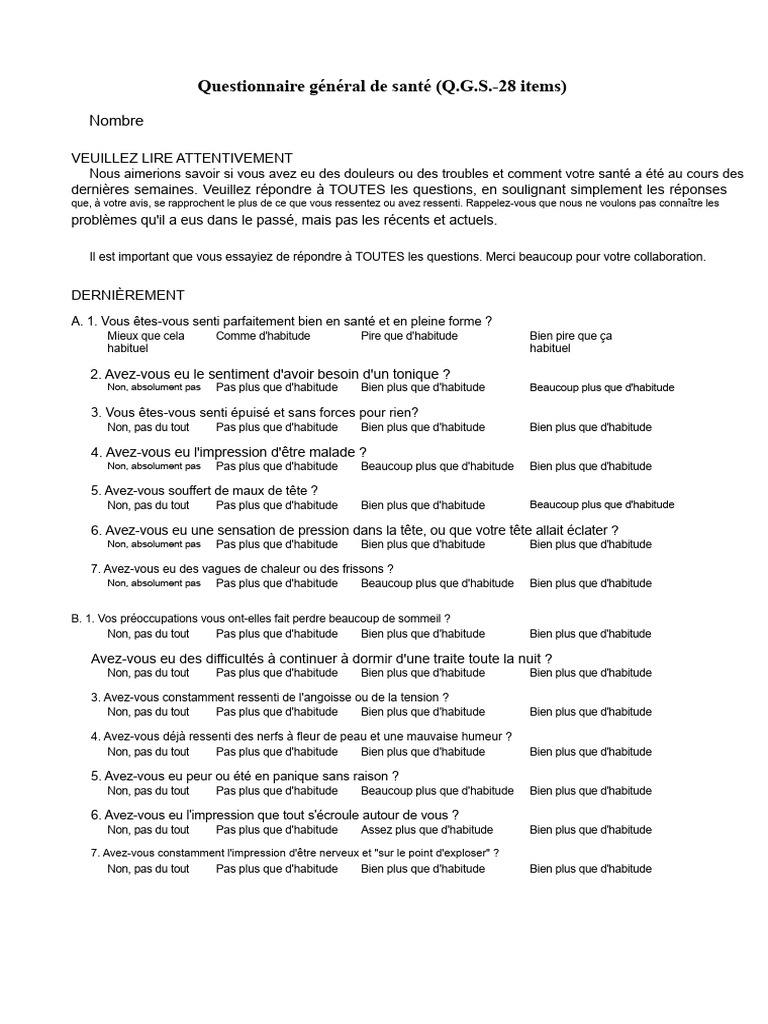 Questionnaire GHQ-28 sur la santé mentale | PDF | Anxiété | Psychologie