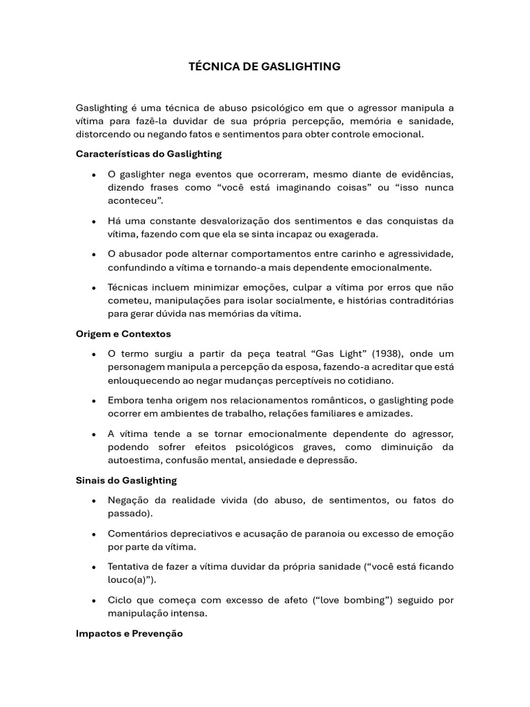 Entendendo a Técnica de Gaslighting | PDF | Abuso psicológico | Psicologia