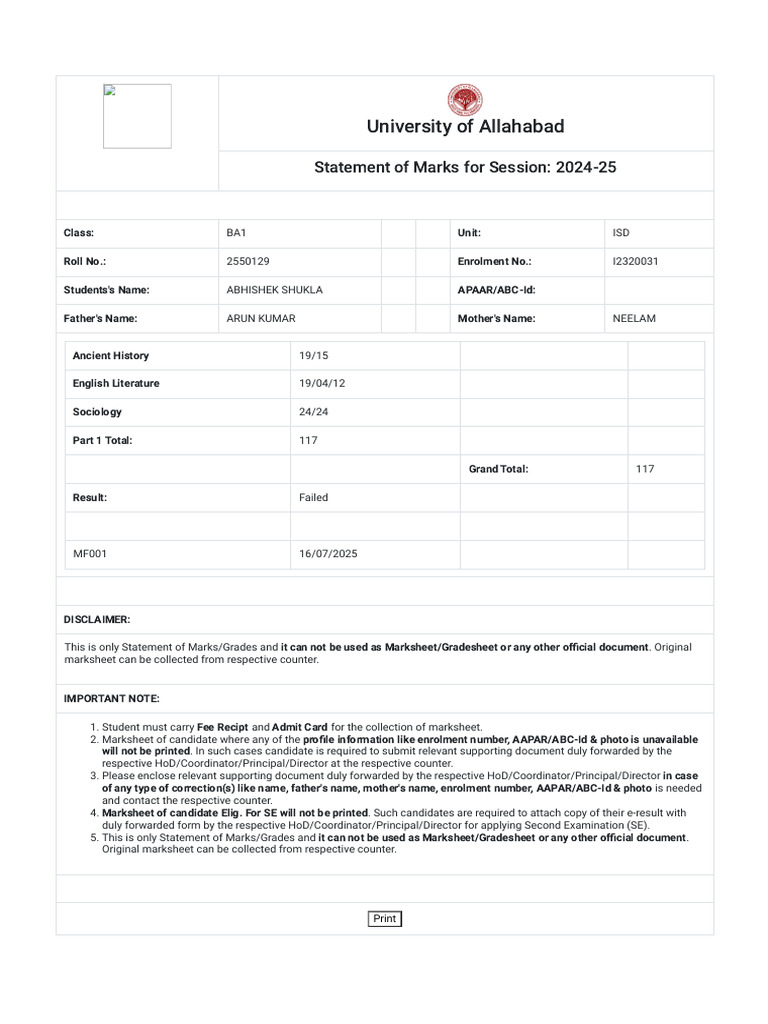 Allahabad University BA1 Marks Statement | PDF