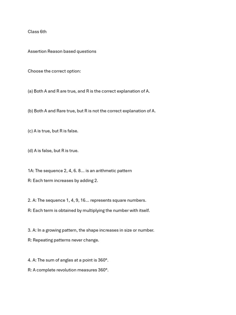 Assertion Reason Based Question Class 6th | PDF