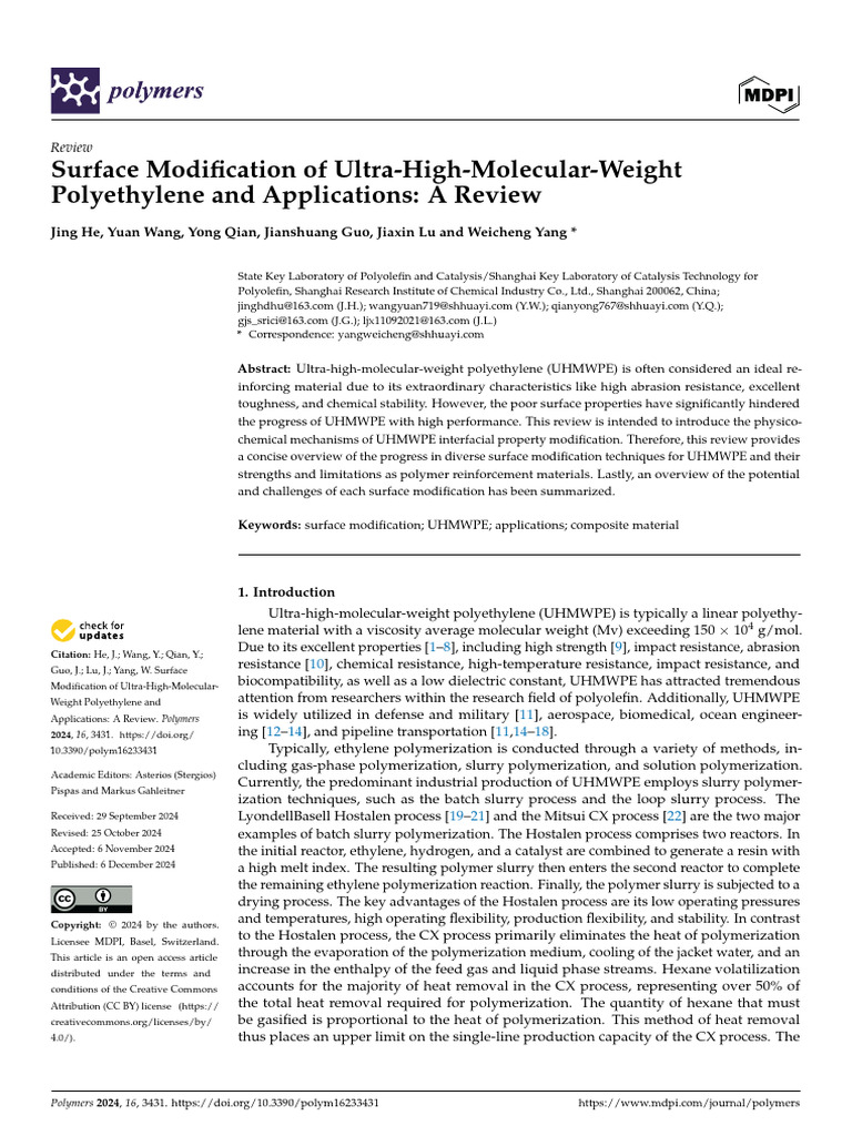 UHMWPE Surface Modification Techniques | PDF | Plasma (Physics) | Adhesion