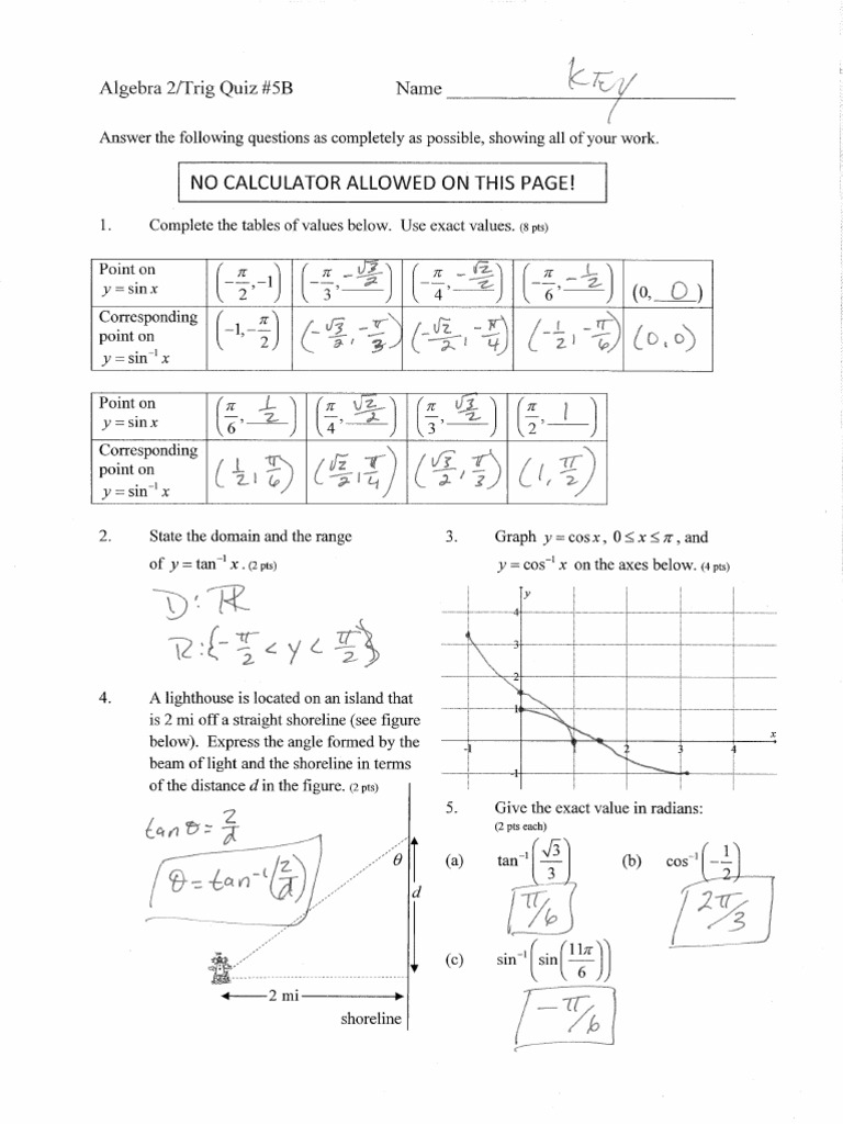 Trig Quiz 2B Sample Answer Key
