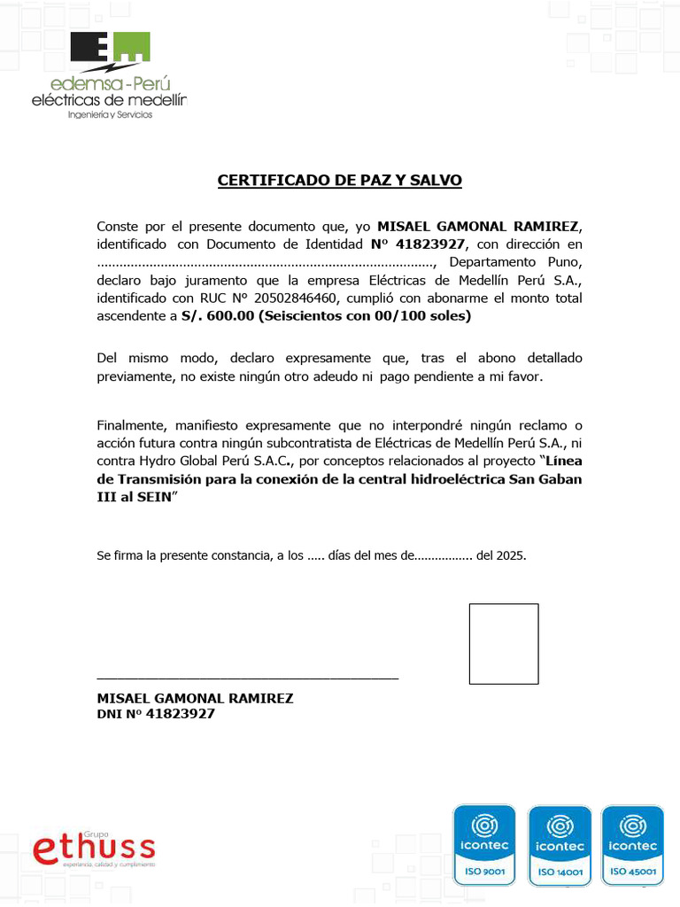 Certificado de Paz y Salvo Edemsa Perú | PDF