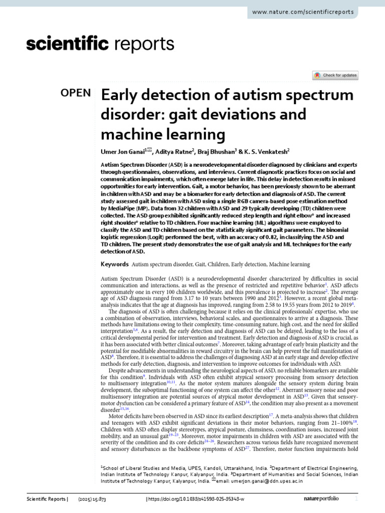 Gait Analysis for Early Autism Detection | PDF | Autism | Nonparametric ...