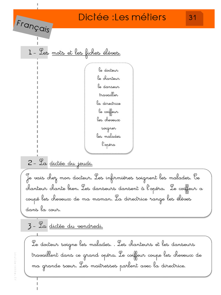 Dictée sur les métiers en français | PDF