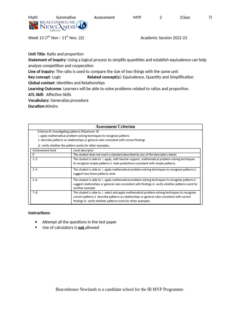 MYP 2 Math Assessment: Ratios & Proportions | PDF | Educational ...