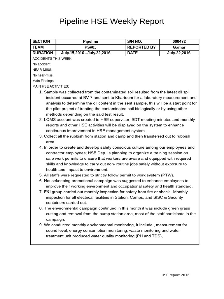 Weekly Pipeline HSE Report Summary | PDF | Safety | Occupational Safety ...