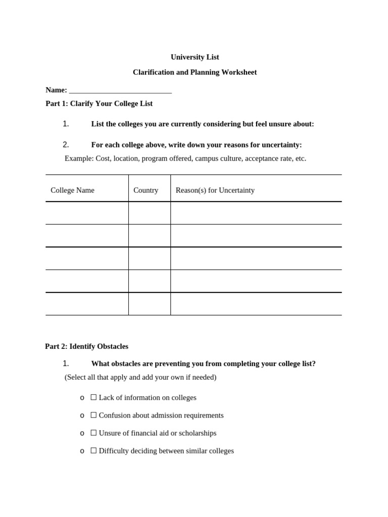 Finalizing University List Worksheet | PDF