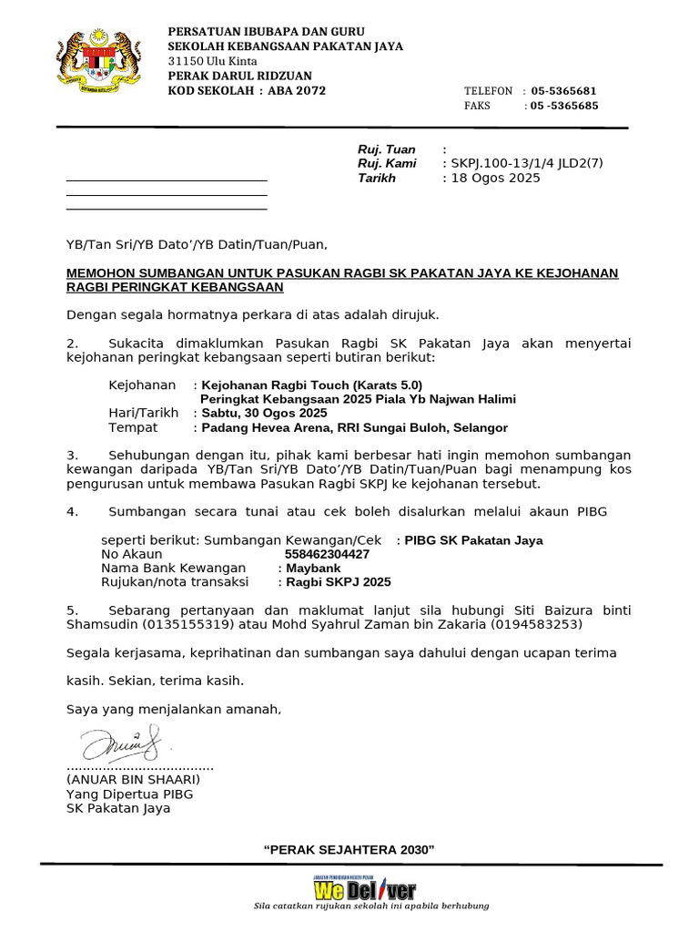 SURAT PIBG Sumbangan Ragbi | PDF