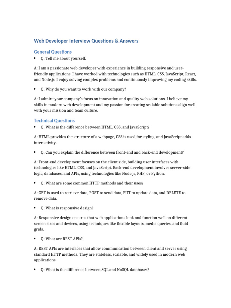 Web Developer Interview Q&A Guide | PDF | World Wide Web | Internet & Web