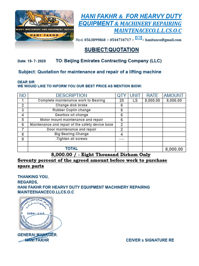Lifting Machine Repair Quotation | PDF