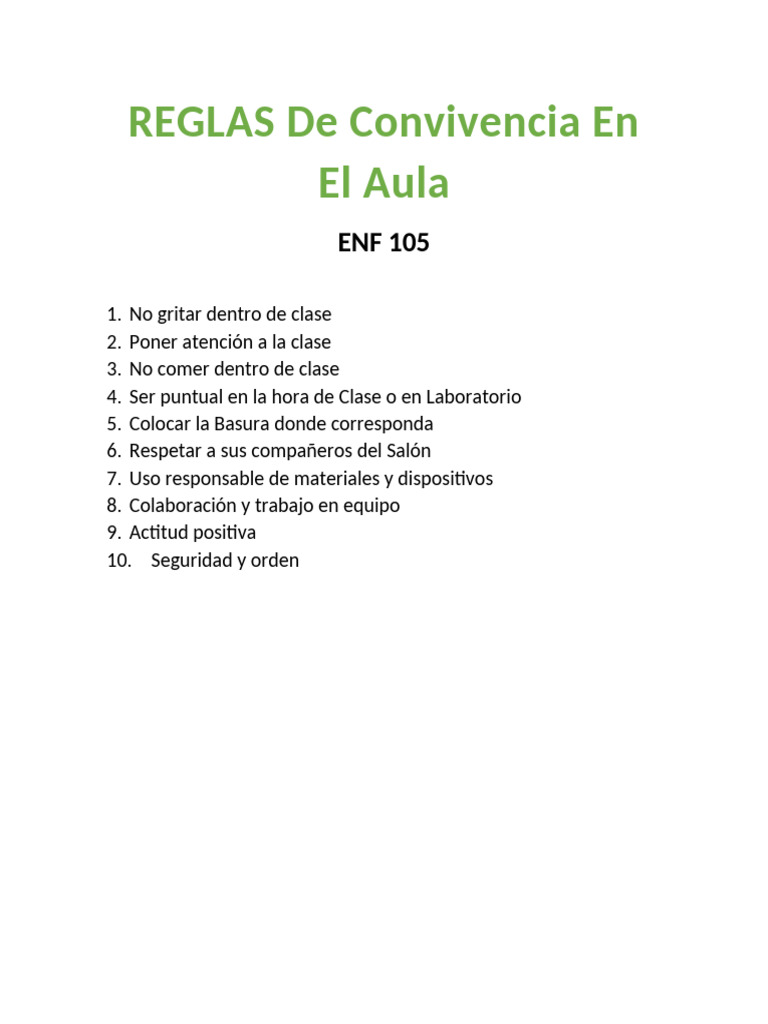 Reglas de Convivencia en El Aula 105 | PDF