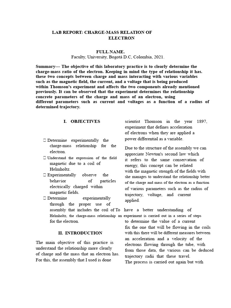 Laboratory Report On Charge-Mass Relationship | PDF | Electron | Inductor
