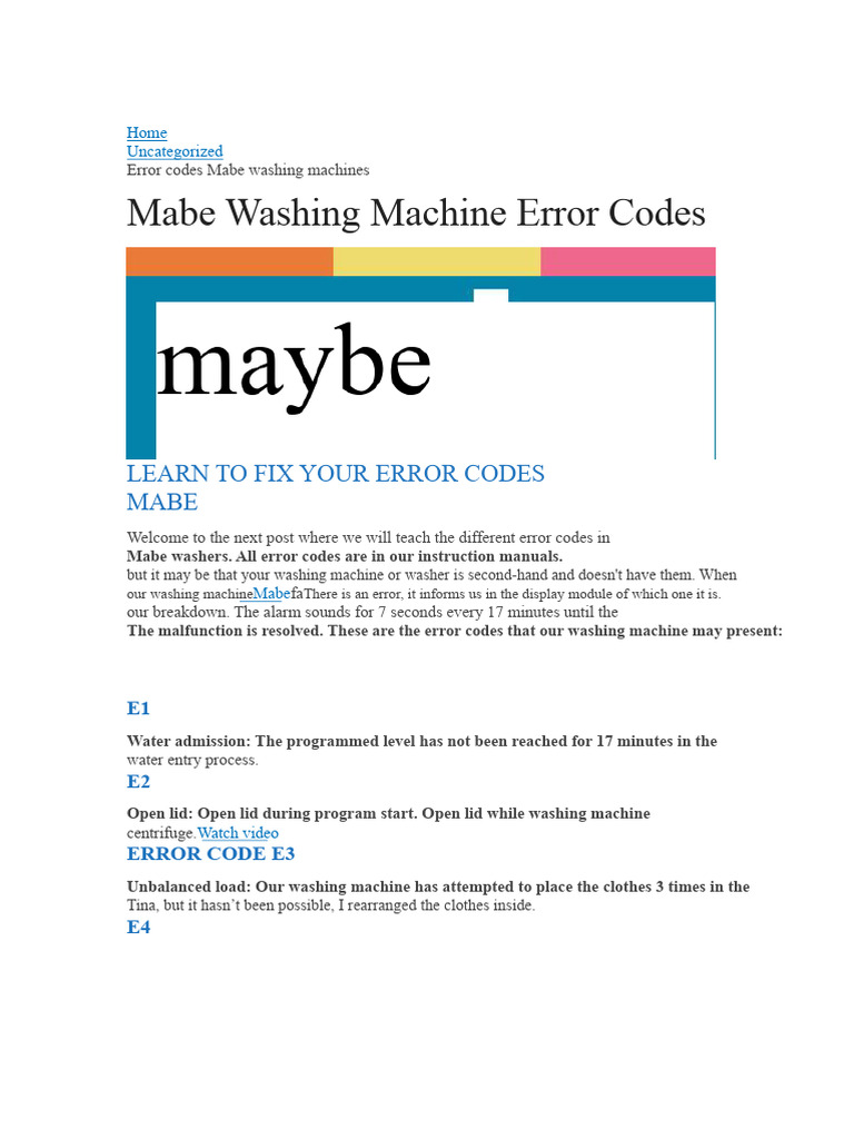 Mabe Washing Machine Error Codes Guide | PDF