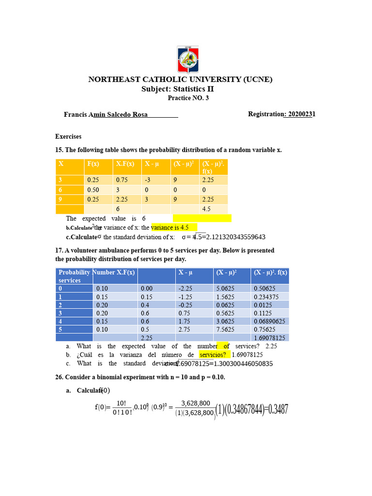 Probability Distributions and Calculations | PDF | Variance | Standard ...
