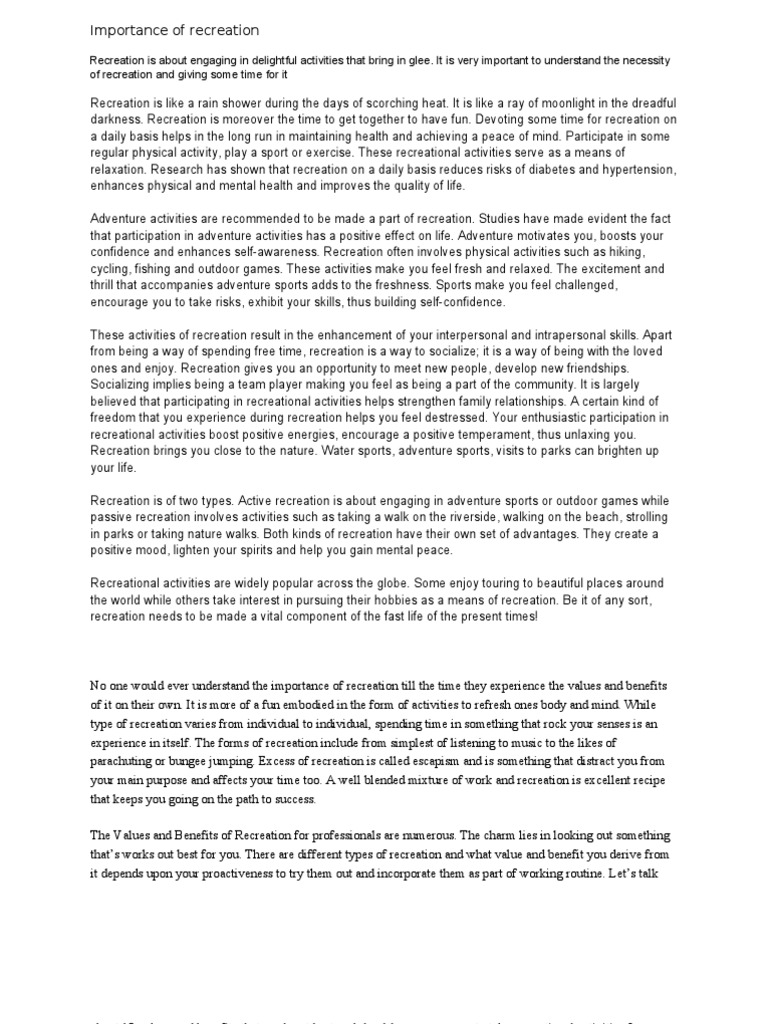 Importance of Recreation PDF Recreation Physical Exercise