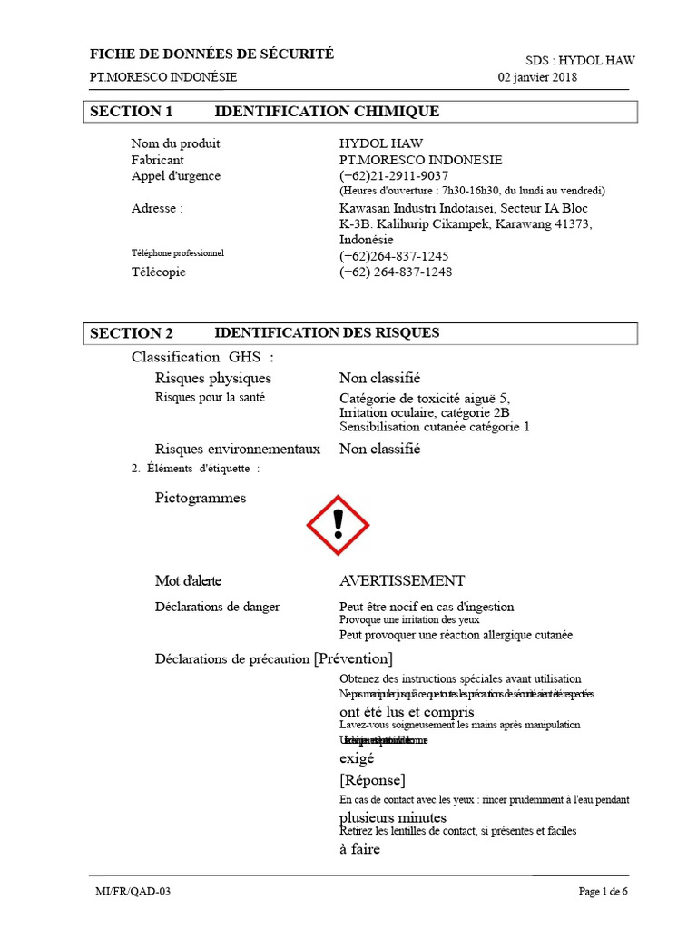 Fiche de données de sécurité HYDOL HAW | PDF | Eau | La combustion