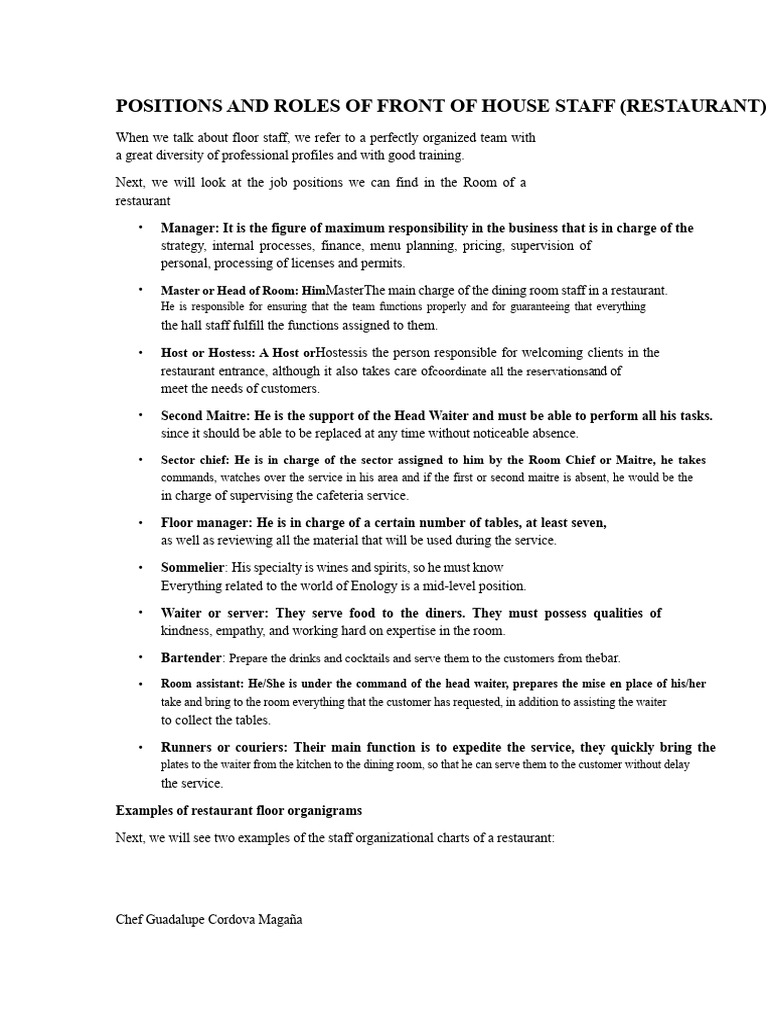Positions and Roles of Front of House Staff (Restaurant) : Master or ...