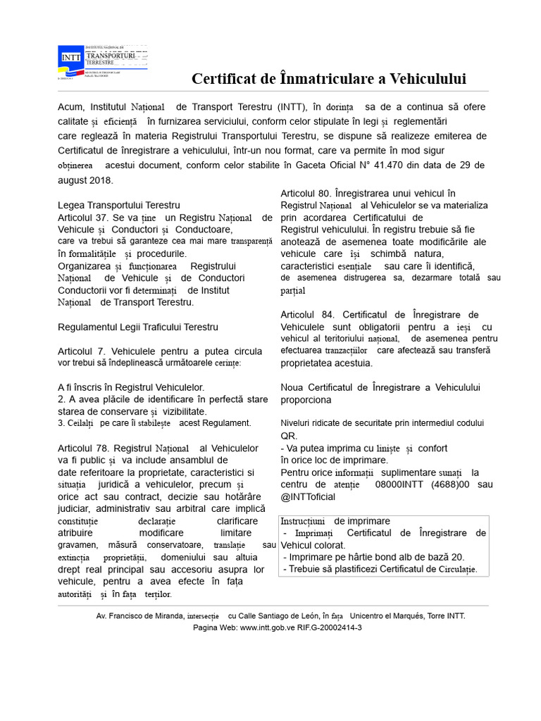 Certificat de Înregistrare A Vehiculului | PDF
