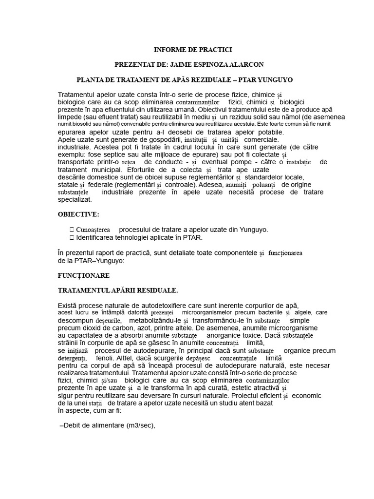 Raport Privind Practica PTAR Yunguyo | PDF