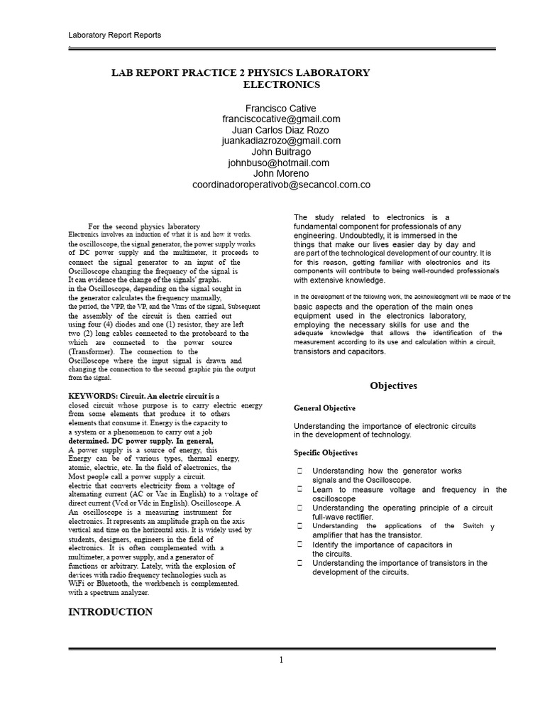 Electronics Lab Report: Circuit Analysis | PDF | Power Supply | Capacitor