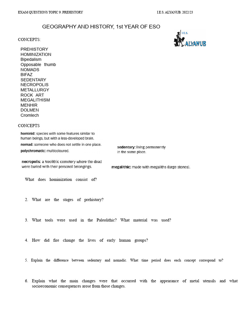Prehistory Exam Questions for ESO Students | PDF | Neolithic | Paleolithic