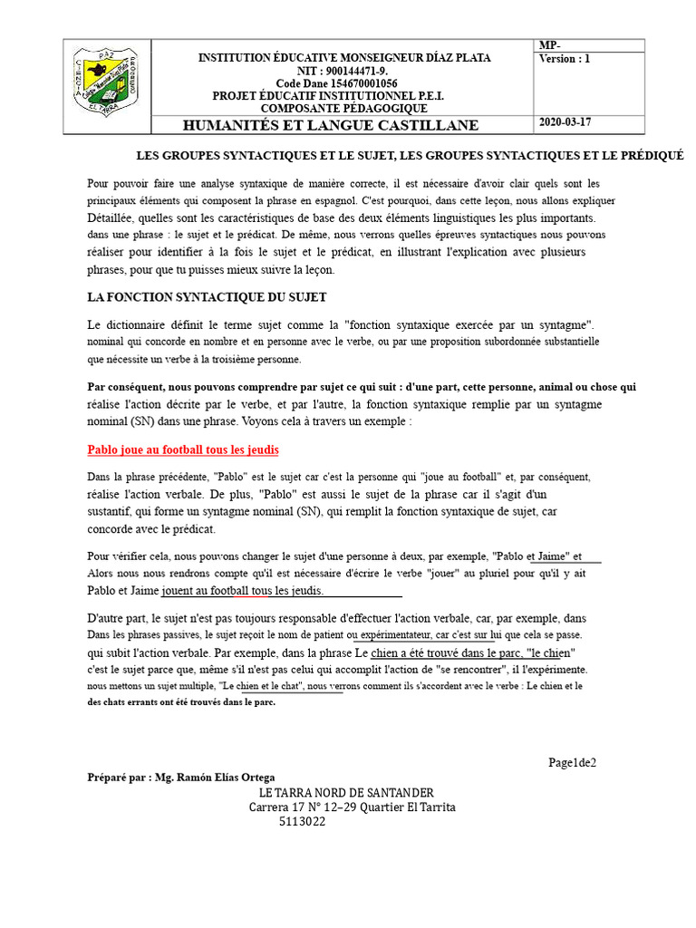 Analyse syntaxique : sujet et prédicat | PDF | Sujet (Grammaire ...