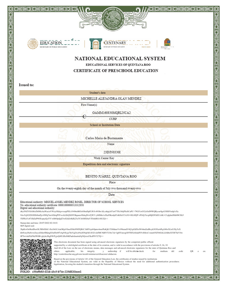 National Educational System: Certificate of Preschool Education | PDF ...