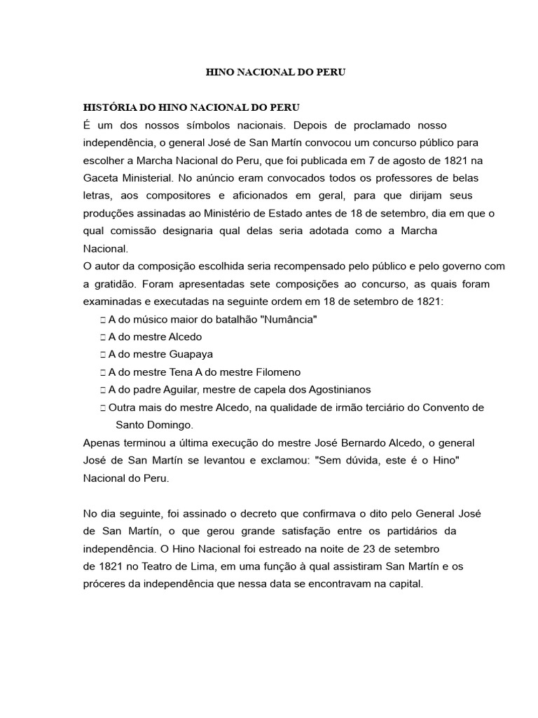 Significado e História Do Hino Nacional Do Peru | PDF | Peru | Lima