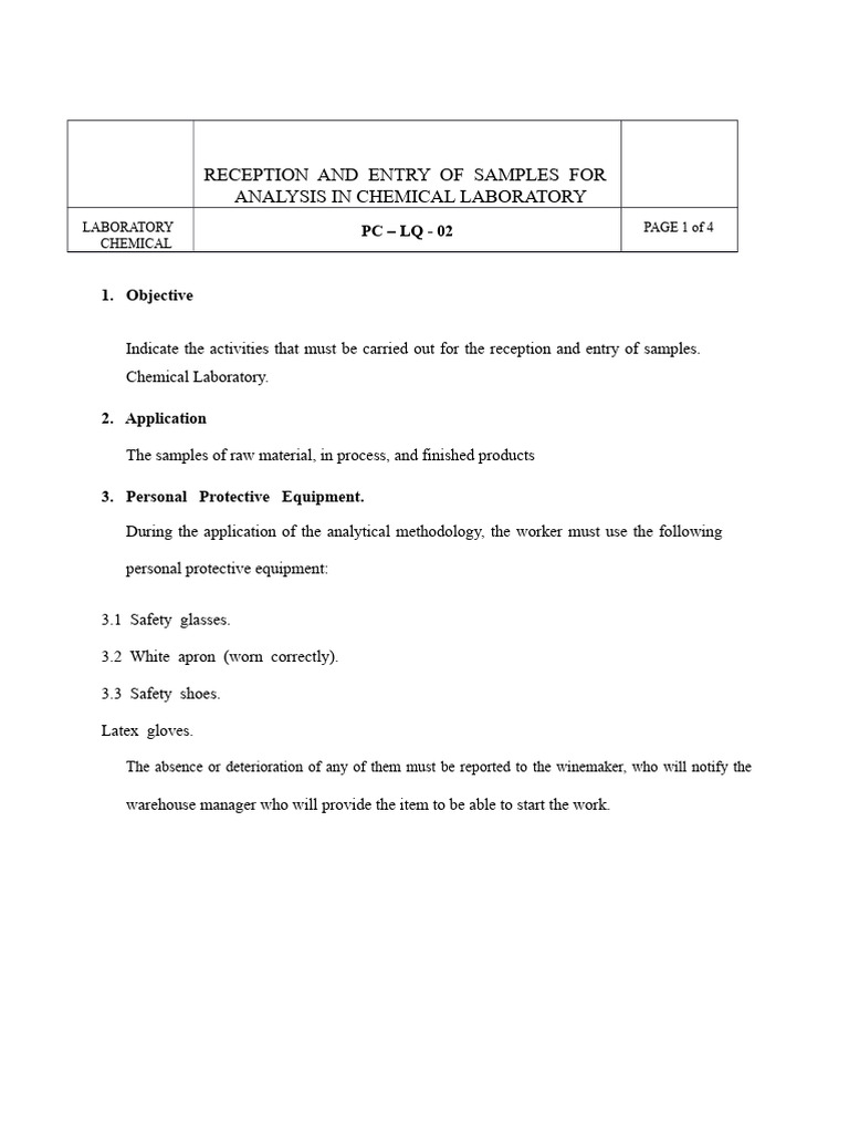 Reception and Entry of Samples For Analysis in Chemical Laboratory | PDF