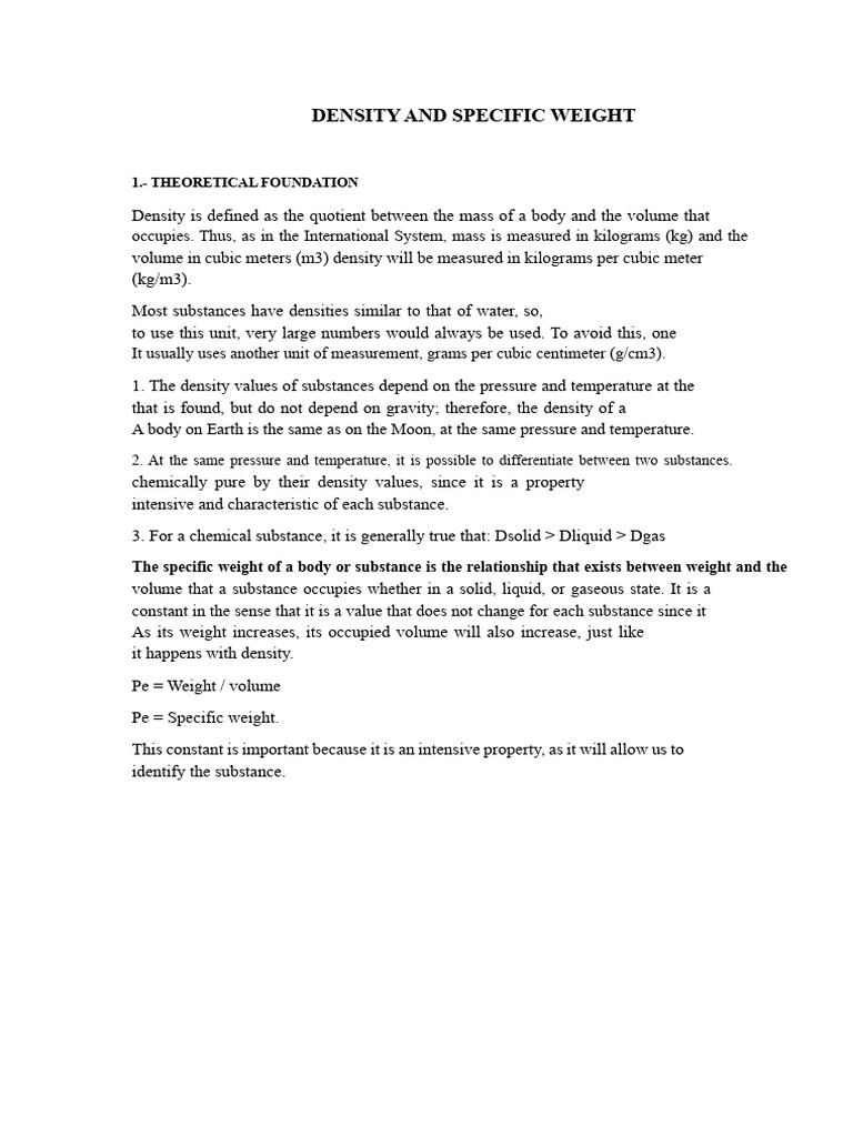 Density and Specific Weight Analysis | PDF | Density | Liquids