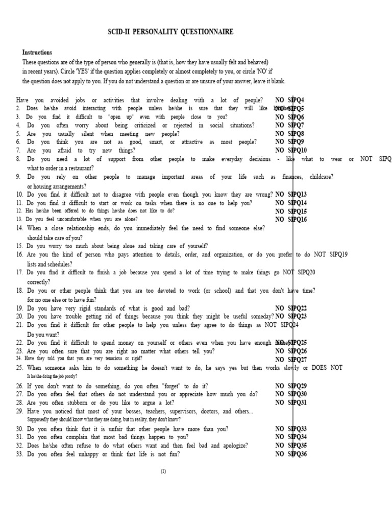 SCID-II Personality Questionnaire Guide | PDF | Torture | Psychological ...