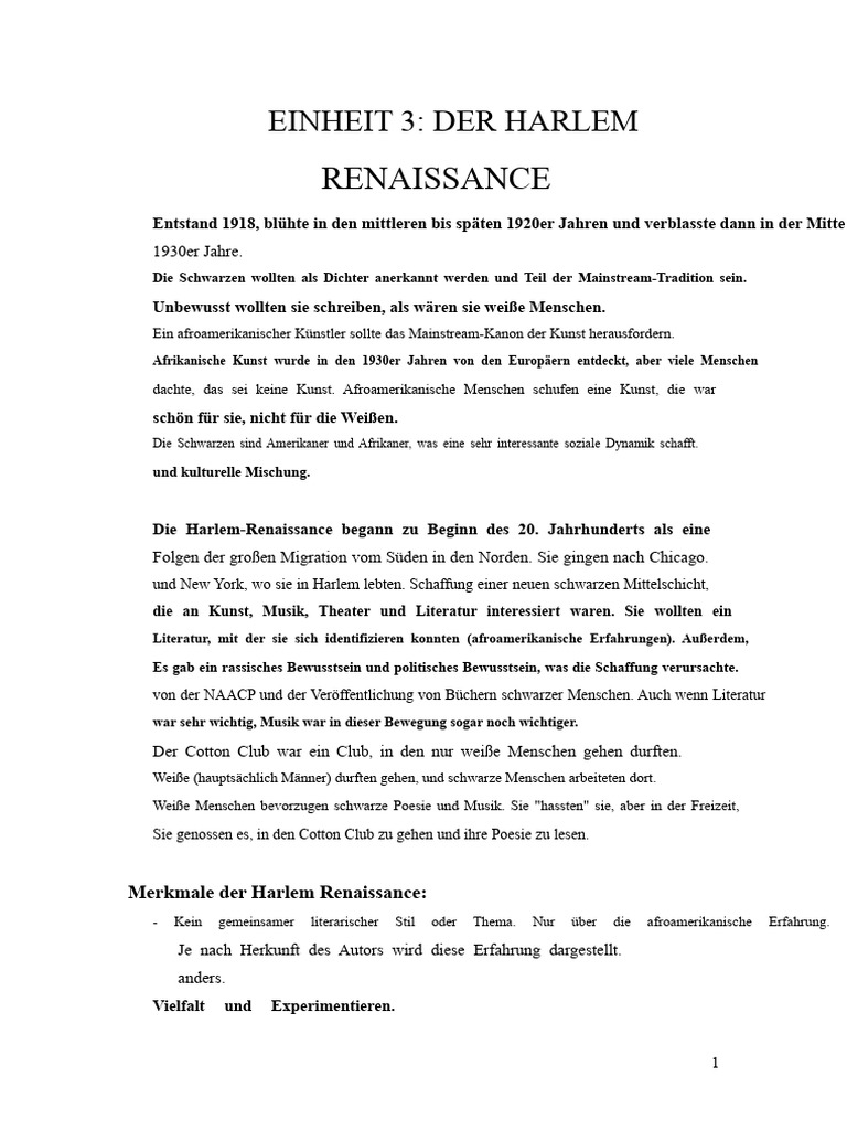 Einheit 3 (Die Harlem Renaissance) | PDF