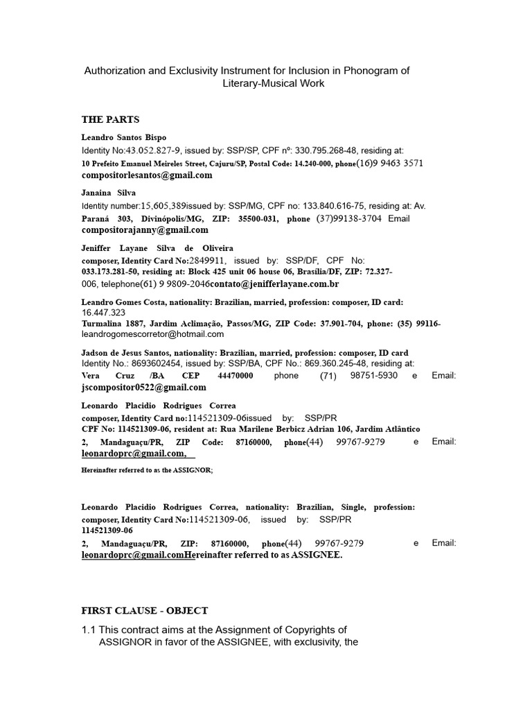 Authorization and Exclusivity Instrument For Inclusion in Phonogram of ...