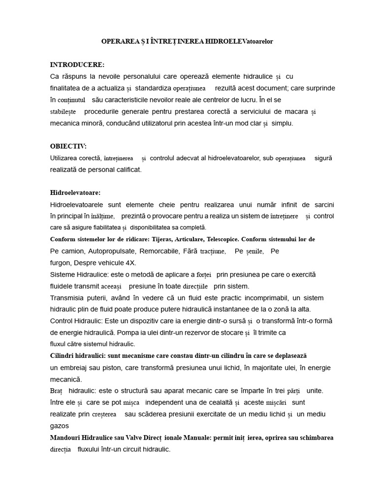 01 - Operarea Și Întreținerea Hidroascensoarelor | PDF