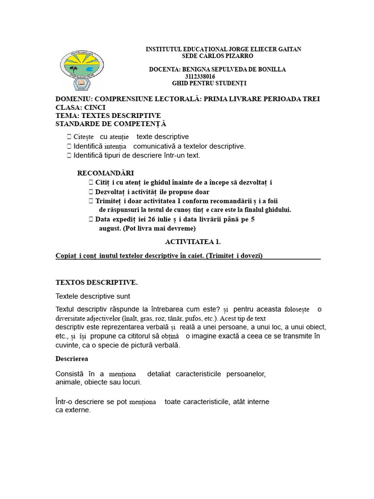 TEXT DESCRIPTIVE CLASA A 5-A | PDF