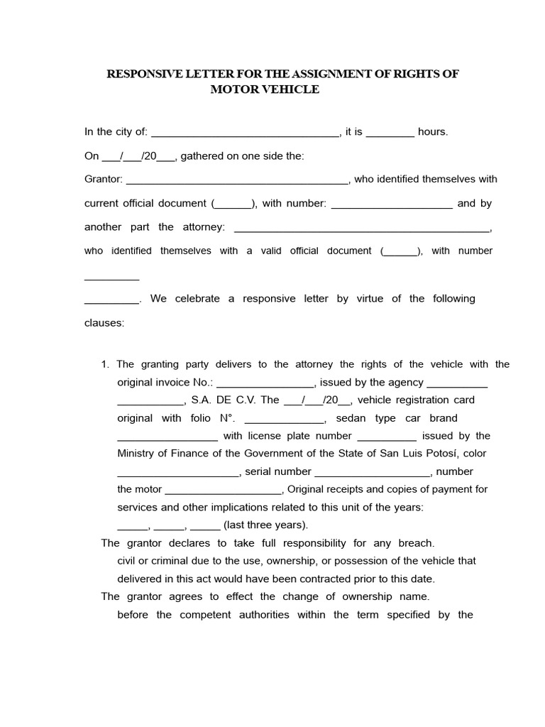 Responsive Letter For The Assignment of Motor Vehicle Rights | PDF ...