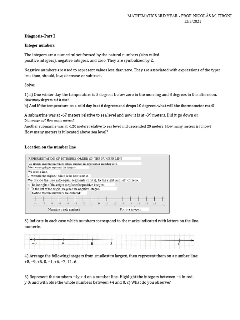 Mathematics Diagnosis I - Integer Numbers | PDF